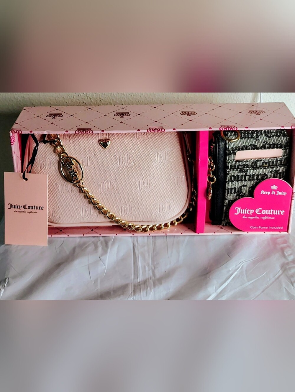 Juicy Couture Light Pink Embossed Wristlet with Gold Chain & Logo Card Case